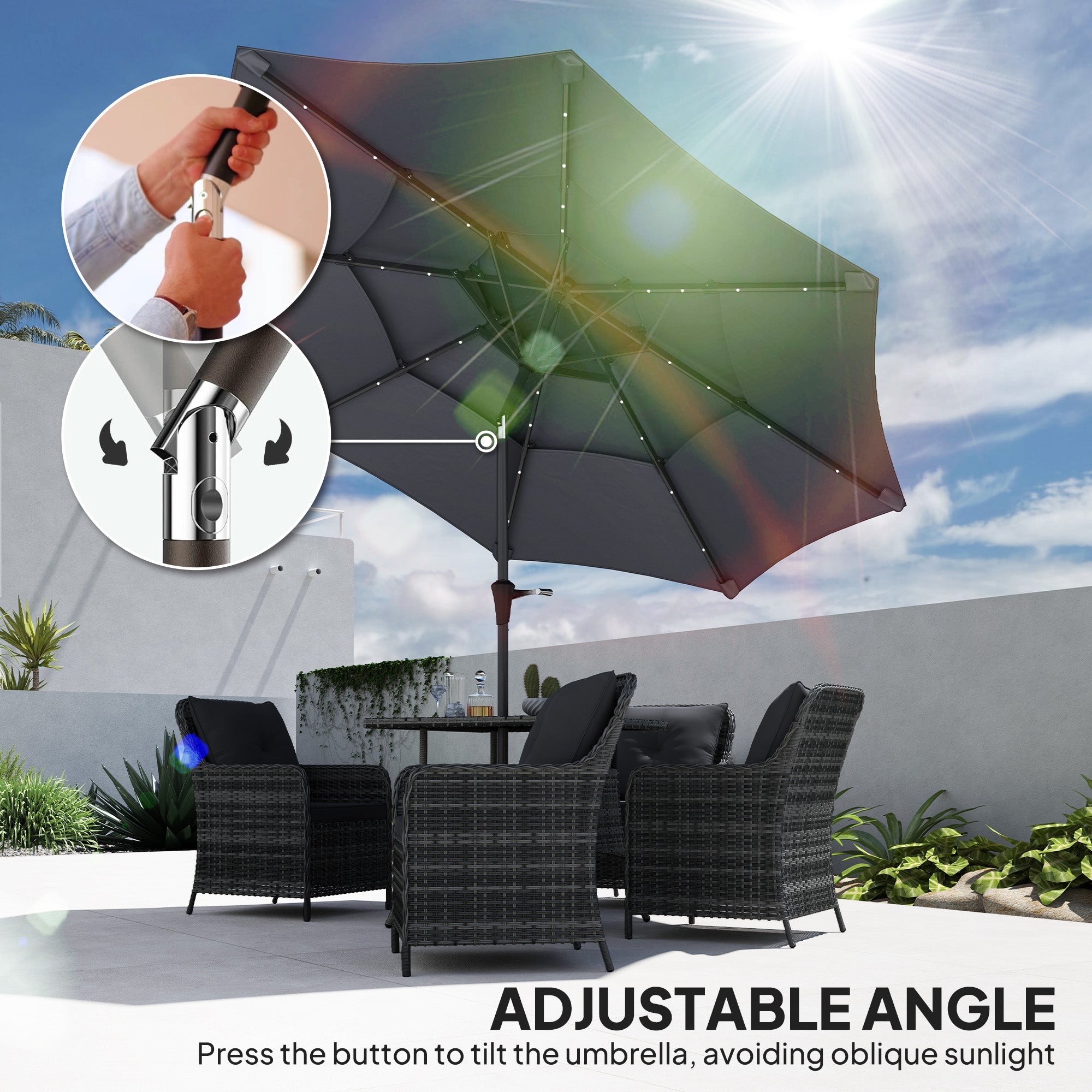 Outsunny 3-Tier Garden Parasol with Solar LED Lights, UPF 30+, Tilt Mechanism & Crank Handle, for Market Terrace, Dark Grey 