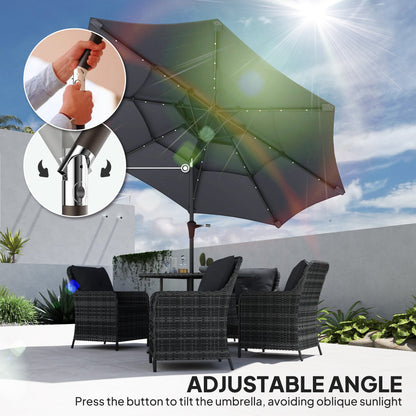 Outsunny 3-Tier Garden Parasol with Solar LED Lights, UPF 30+, Tilt Mechanism & Crank Handle, for Market Terrace, Dark Grey 