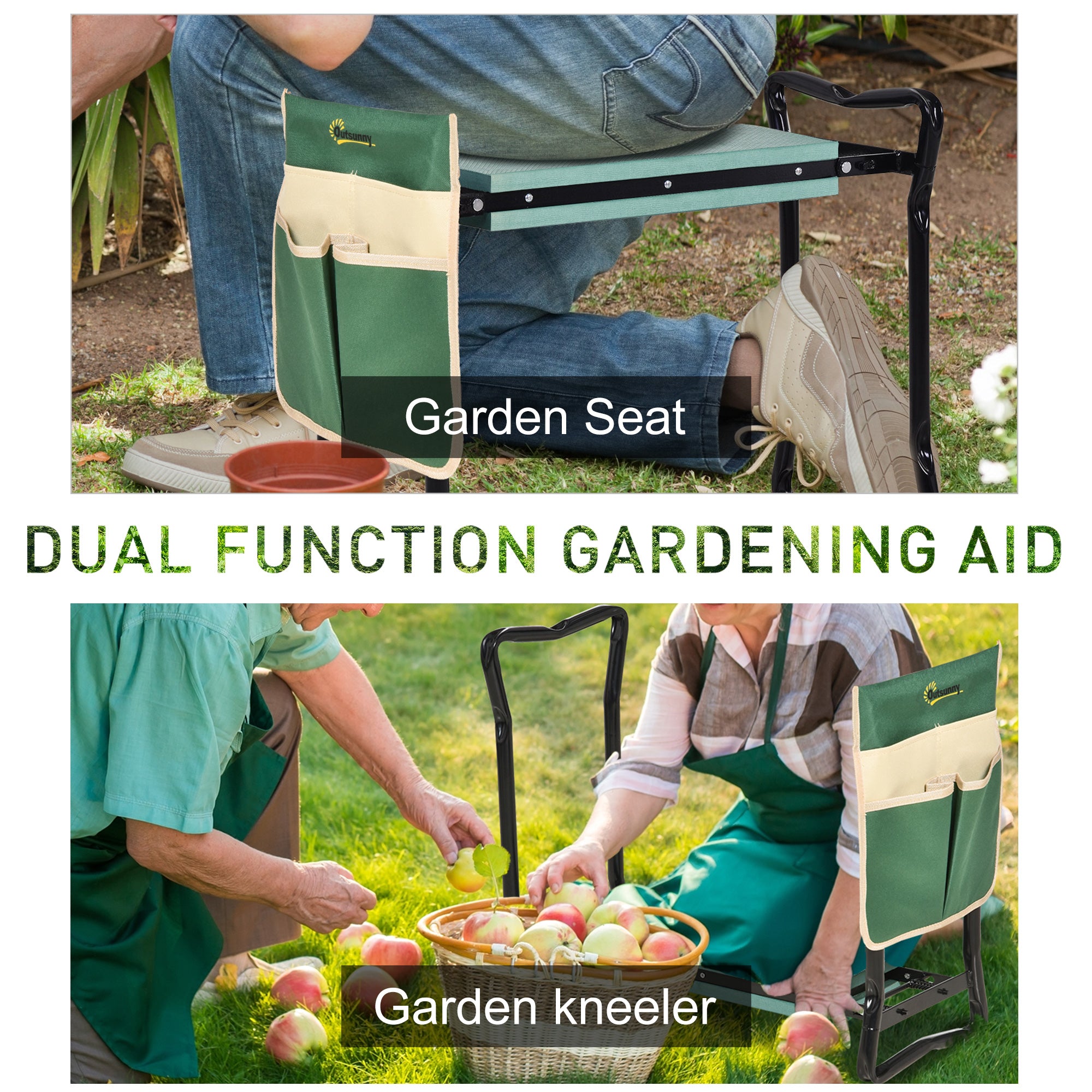 Outsunny Steel Frame Padded Garden Kneeler, with Tool Bag - Green 