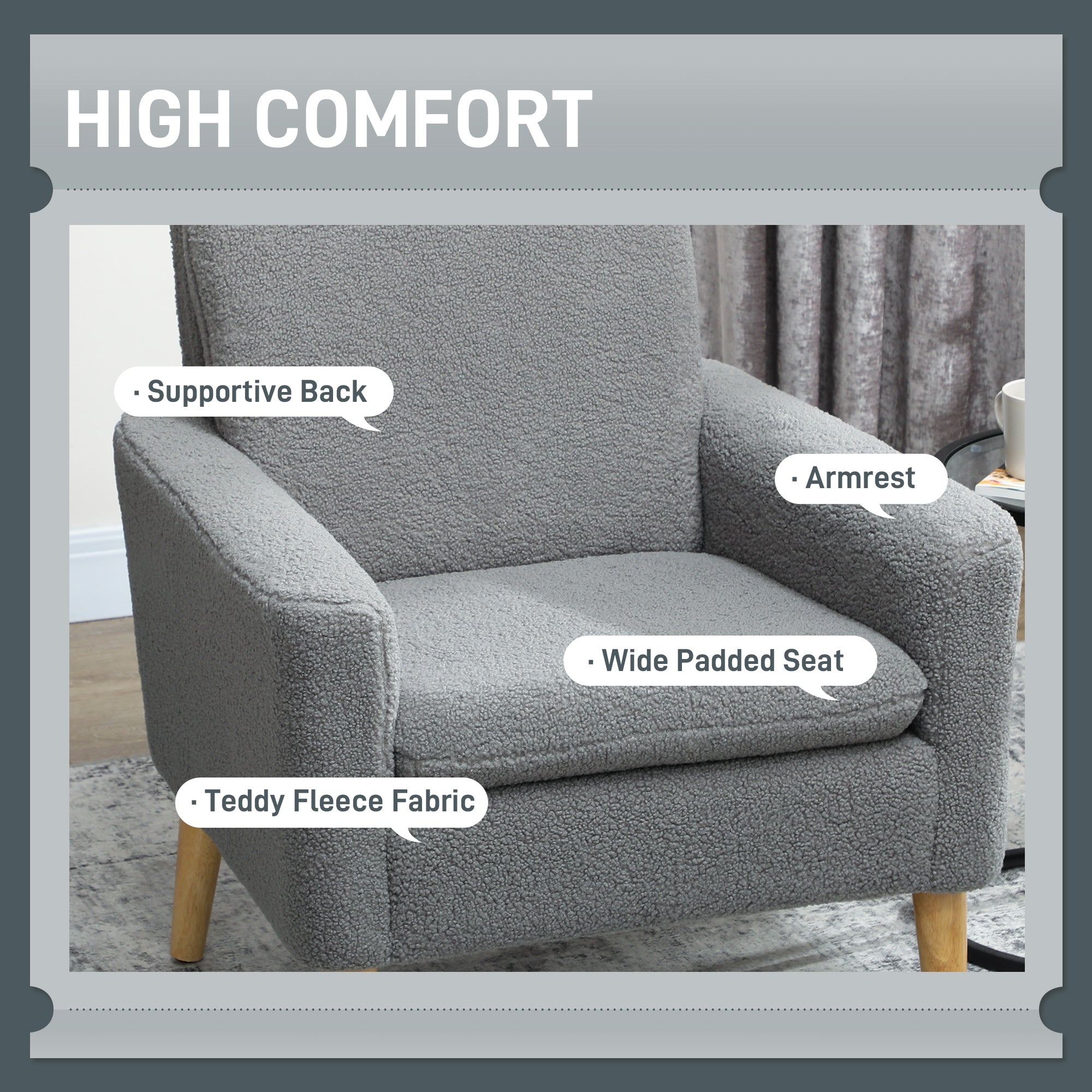 HOMCOM Armchair, Upholstered Accent Chair with Wood Legs and Wide Padded Seat, Teddy Occasional Chair, Grey