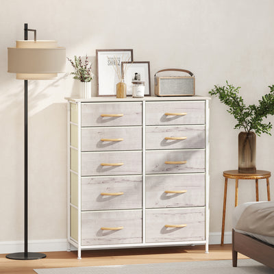 HOMCOM Chest of Ten Fabric Drawers - Natural Wood Finish 
