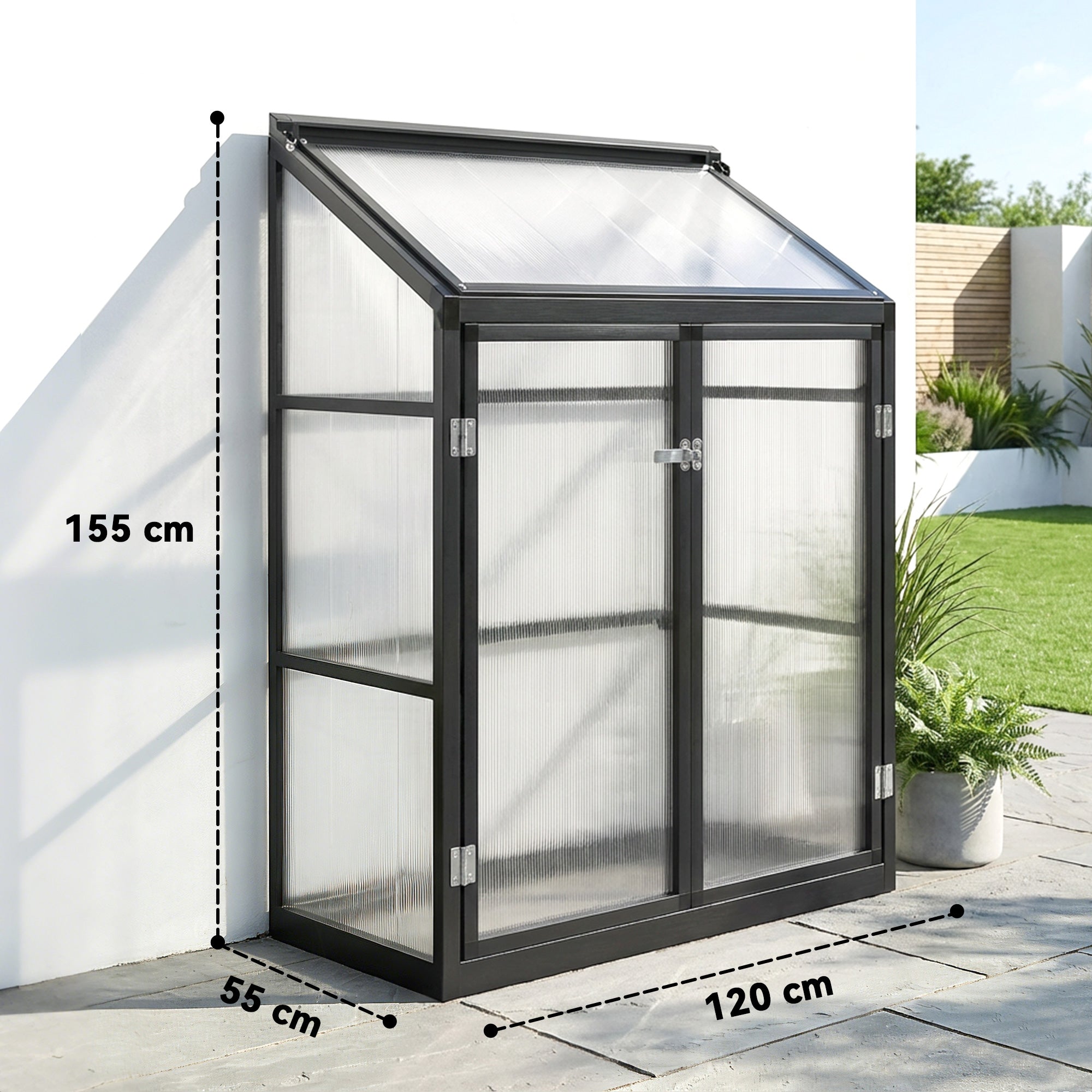 Outsunny Polycarbonate Greenhouse with Hinged Door, Top Vent, Lean-to Green House, Walk-in Greenhouse, 4 x 2ft, Black 