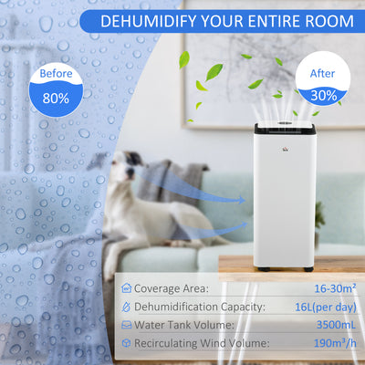 HOMCOM 3500mL Portable Dehumidifier with Air Purifier, 24H Timer, 5 Modes, 16L/Day, for Home Laundry, White 