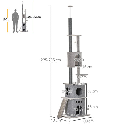 PawHut 255cm Floor To Ceiling Cat Tree for Indoor Cats Climber Scratching Post Adjustable Height Play Tower Removable Cover Grey 