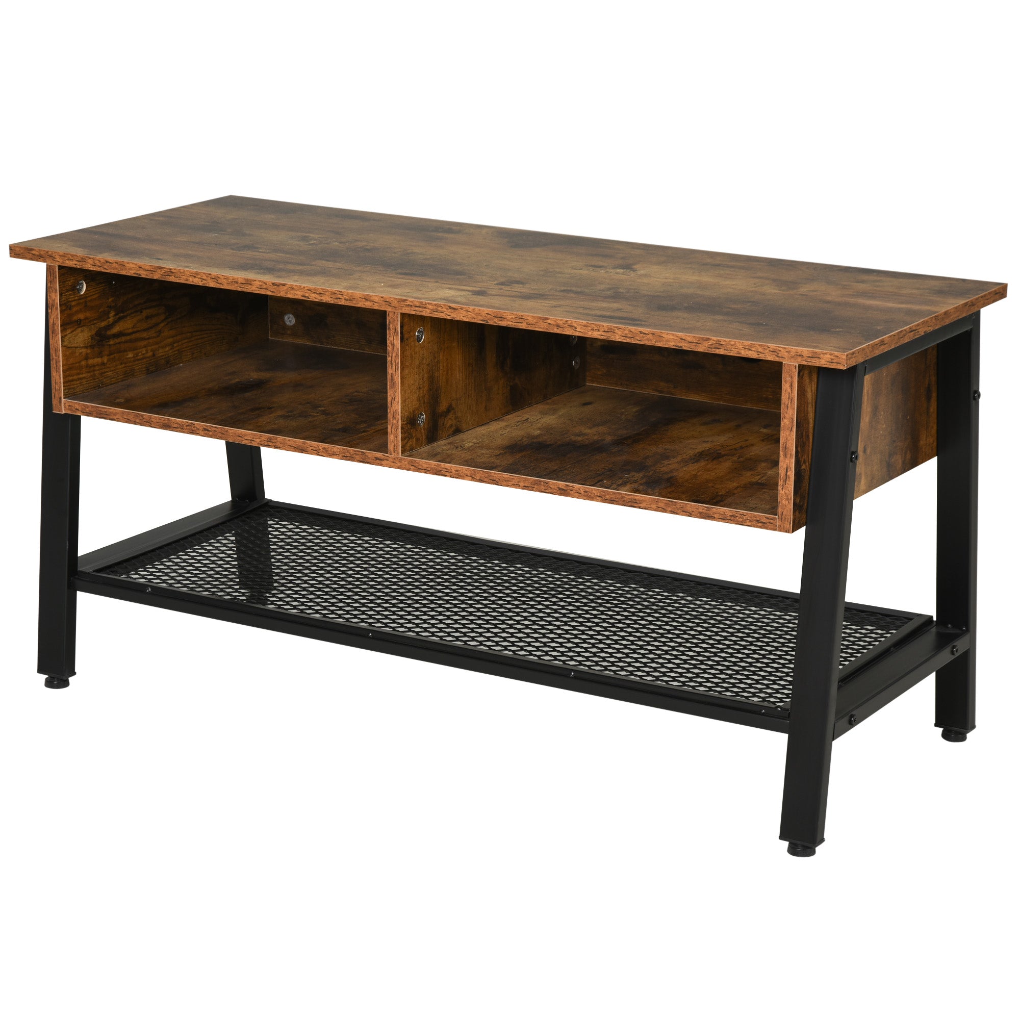 HOMCOM TV Stand Cabinet, Industrial TV Unit for TVs up to 45", 100cm TV Cabinet with 2 Open Compartments and Mesh Bottom Shelf for Living Room, Rustic Brown 