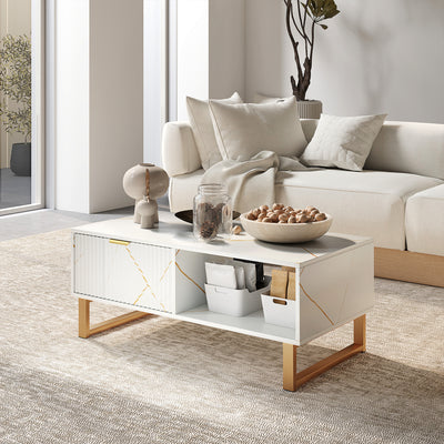 HOMCOM Elegant Marble Effect Storage Coffee Table - White 