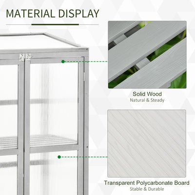 Outsunny Wooden Cold Frame Greenhouse Polycarbonate Garden Grow House for Flower Vegetable Plants with Adjustable Shelf, Double Doors, 76 x 47 x 110cm, Light Grey 
