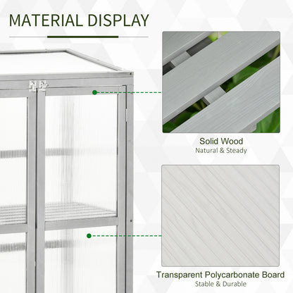 Outsunny Wooden Cold Frame Greenhouse Polycarbonate Garden Grow House for Flower Vegetable Plants with Adjustable Shelf, Double Doors, 76 x 47 x 110cm, Light Grey 