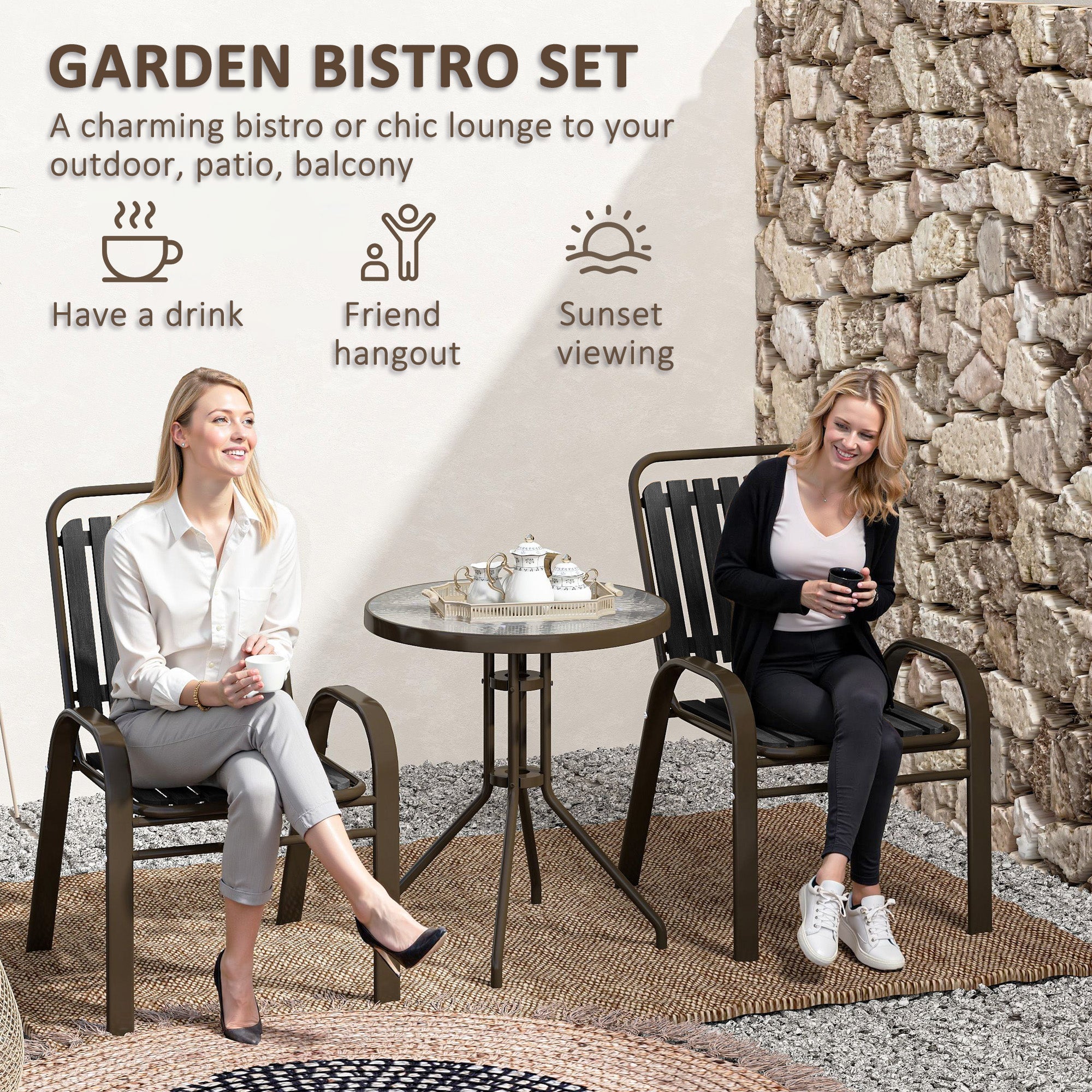 Outsunny 3 Pieces Patio Bistro Set with Stackable Chairs, Tempered Glass Table, for Outdoor, Balcony, Patio, Garden Charcoal Grey 