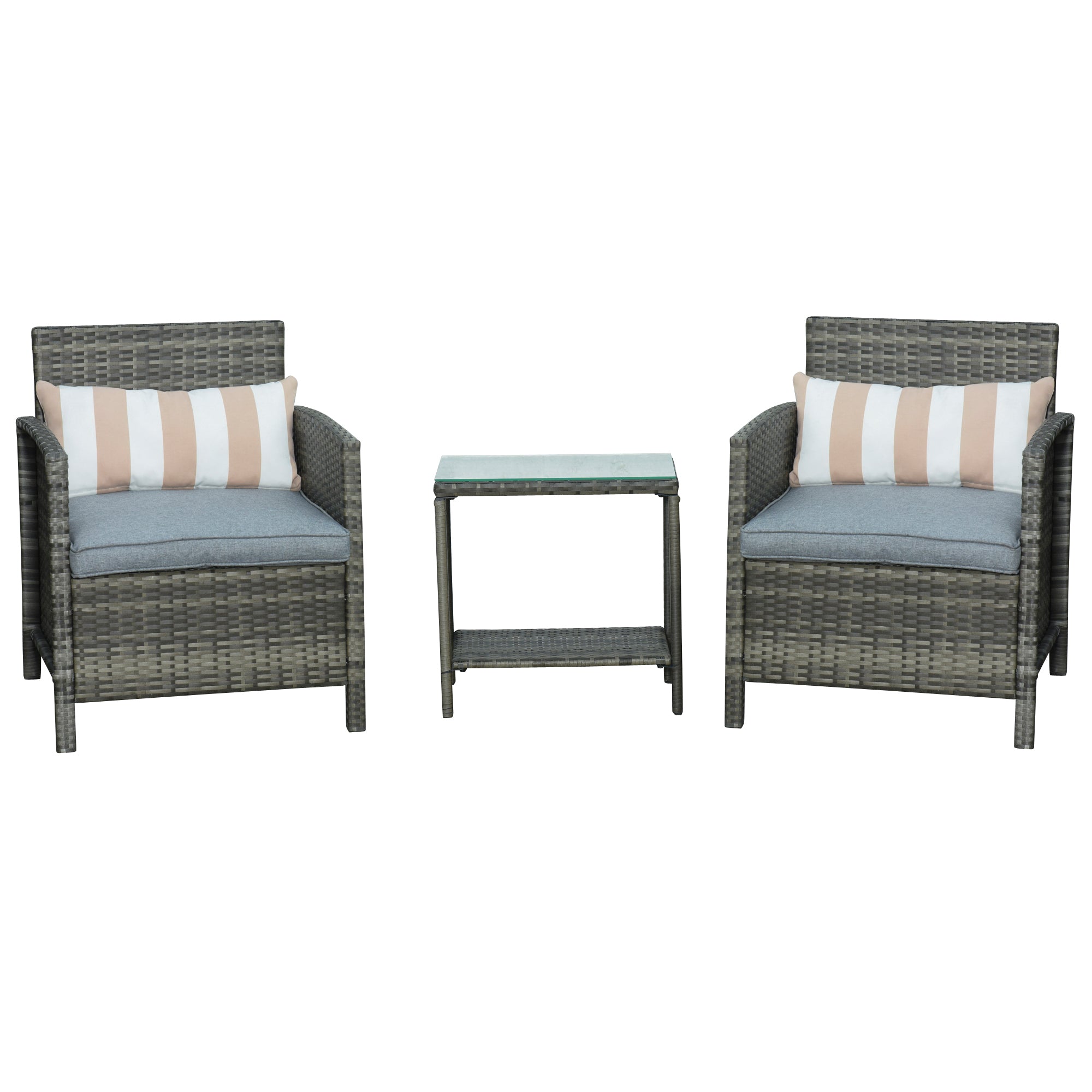 Outsunny 3 Pieces Rattan Bistro Set, Wicker Garden Furniture Set, Glass Top 2-tier Coffee Table and Chairs Set with Pillows and Washable Cushions for Outdoor, Patio, Balcony, Grey 