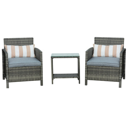 Outsunny 3 Pieces Rattan Bistro Set, Wicker Garden Furniture Set, Glass Top 2-tier Coffee Table and Chairs Set with Pillows and Washable Cushions for Outdoor, Patio, Balcony, Grey 
