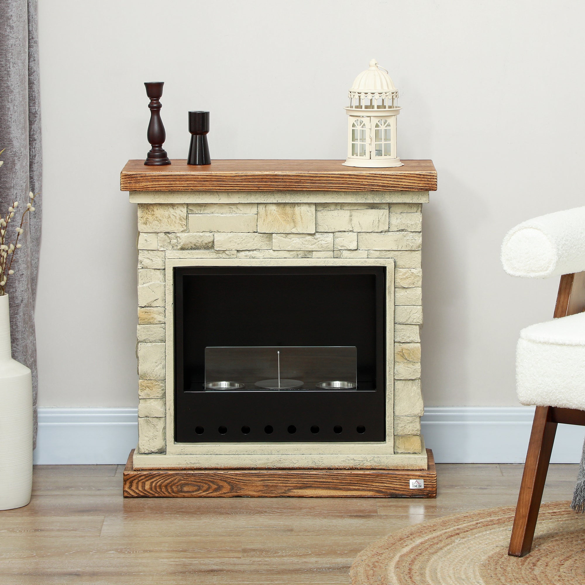 HOMCOM Bioethanol Fire Heater, with Brickwork-Effect Mantelpiece - Brown 