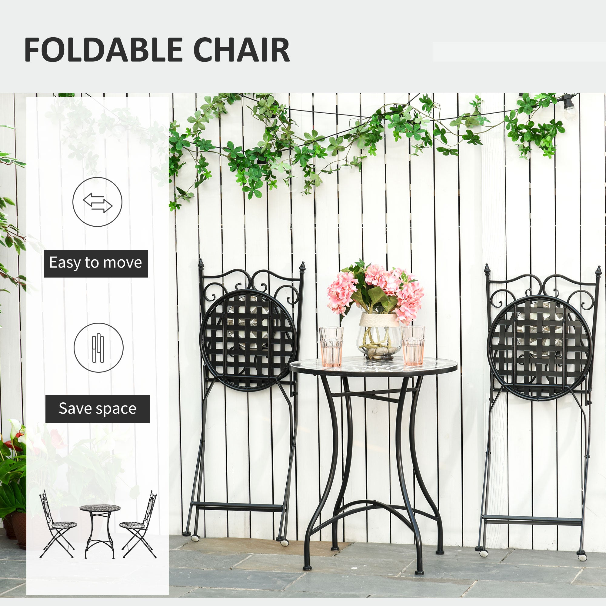 Outsunny 3 Pcs Mosaic Tile Garden Bistro Set Outdoor Seating w/ Table 2 Folding Chairs Set Metal Frame Elegant Scrolling Indoor Patio Balcony 