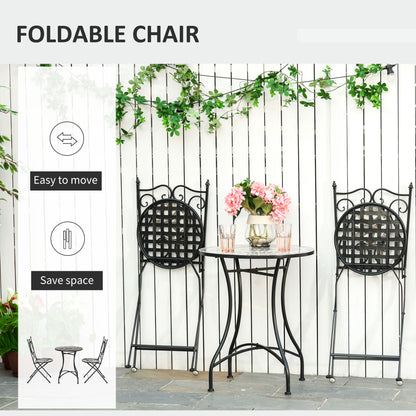 Outsunny 3 Pcs Mosaic Tile Garden Bistro Set Outdoor Seating w/ Table 2 Folding Chairs Set Metal Frame Elegant Scrolling Indoor Patio Balcony 