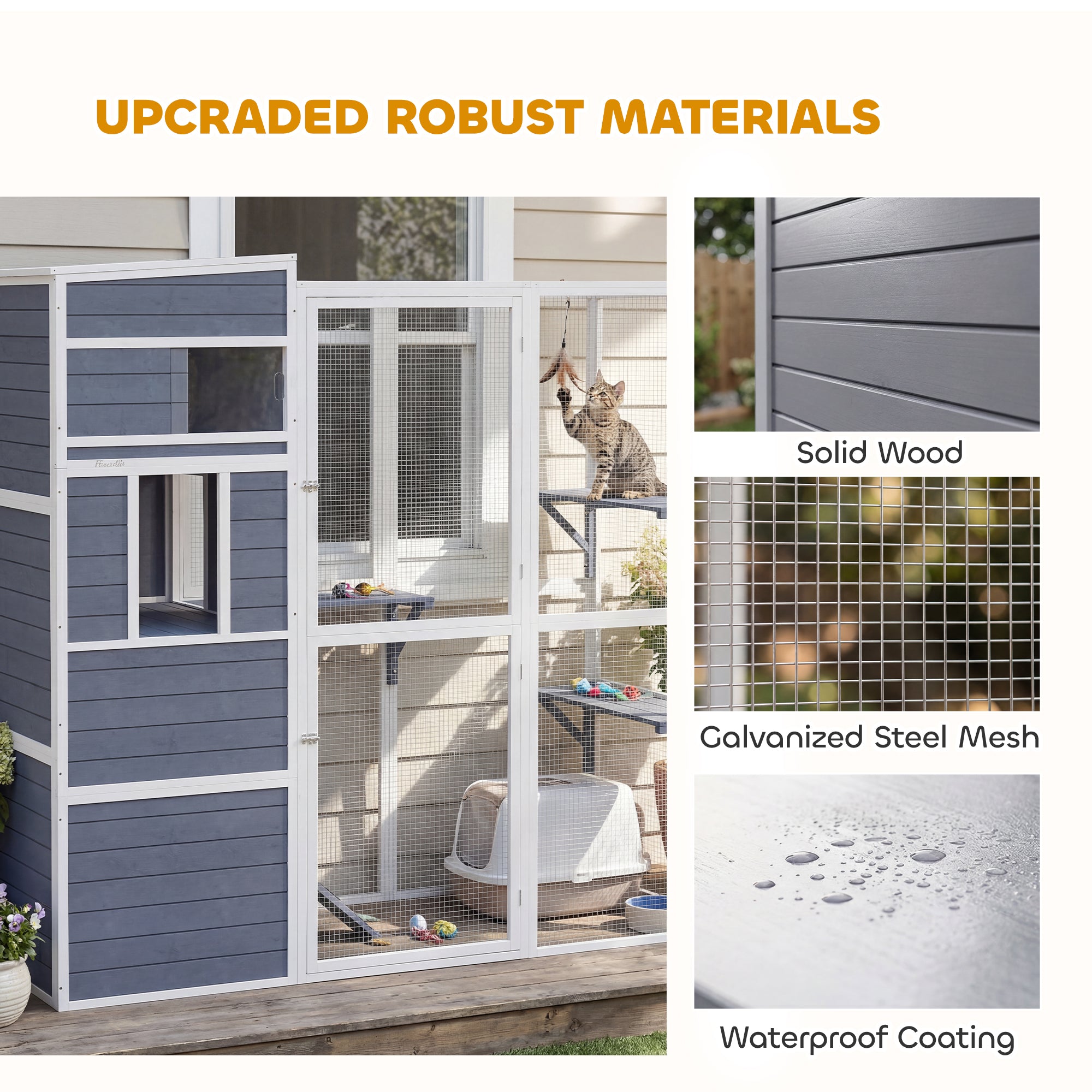 PawHut 4-Tier Wooden Catio Cat Outdoor Enclosure with Sun Roof, Resting Rooms, 3 Platforms, Window Outdoor Indoor, Grey 