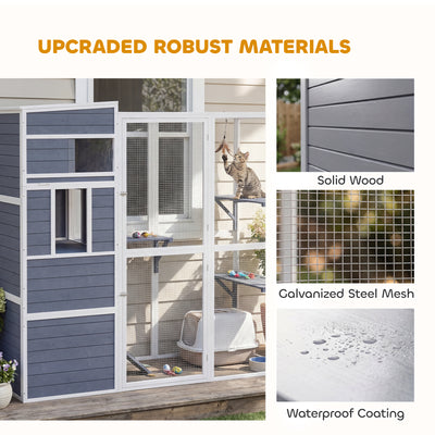 PawHut 4-Tier Wooden Catio Cat Outdoor Enclosure with Sun Roof, Resting Rooms, 3 Platforms, Window Outdoor Indoor, Grey 