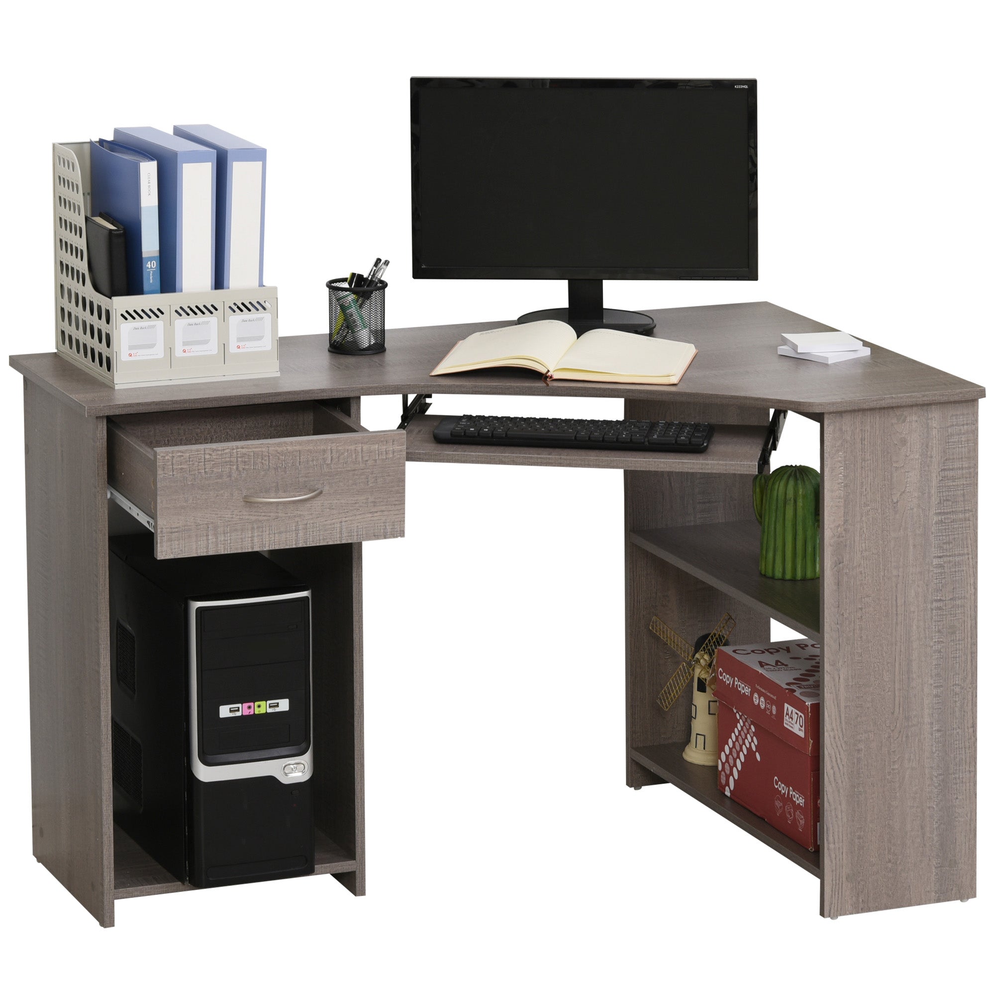 HOMCOM L-Shaped Corner Computer Desk w/ 2 Shelves Wide Worktop Keyboard Tray Drawer & CPU Stand Home Office Study Bedroom Furniture Grey 