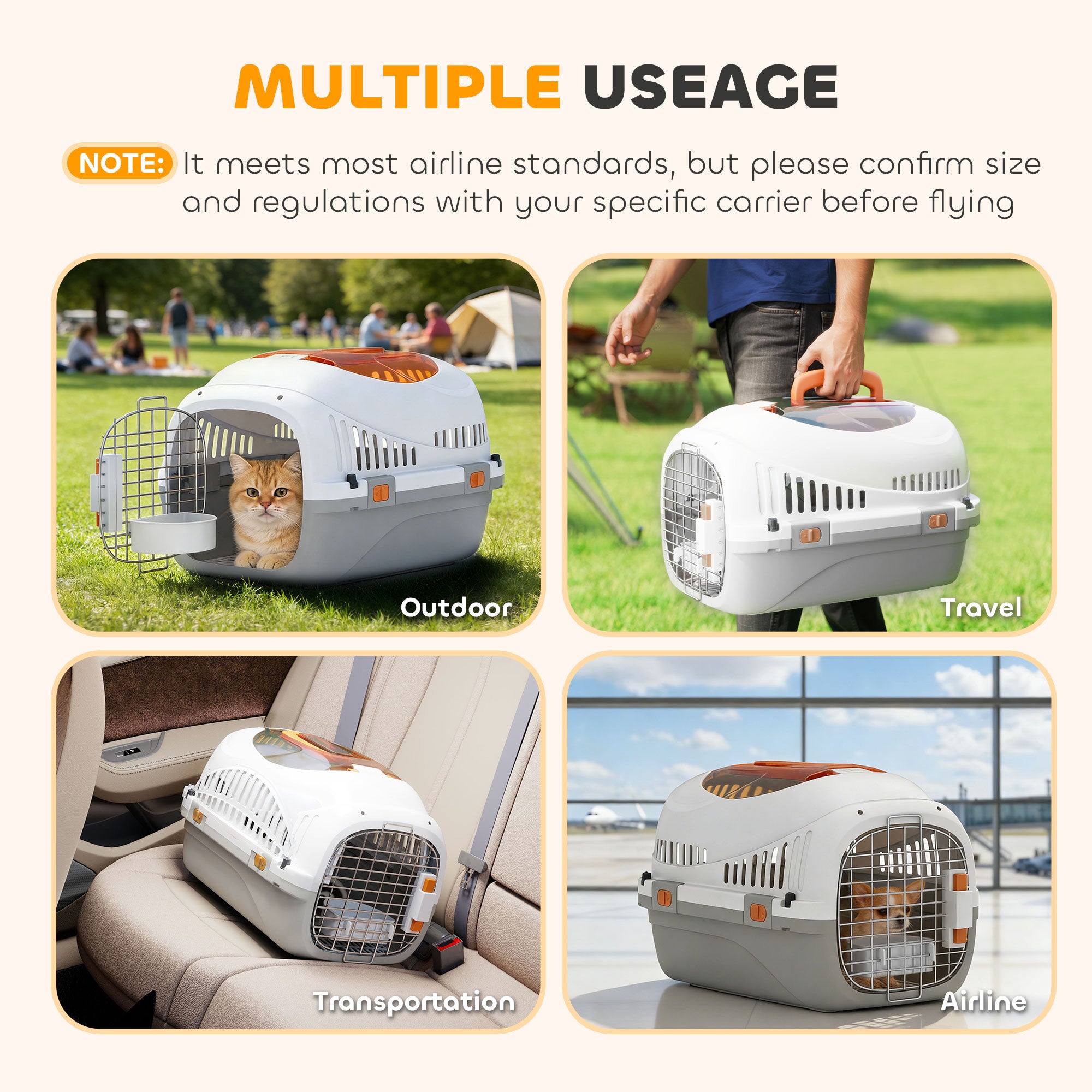 PawHut Plastic Pet Carrier Hard Shell Dog Cat Carrier Max 4 KG Steel Door Feed Bowl Secure Lock 49 x 32 x 31 cm 