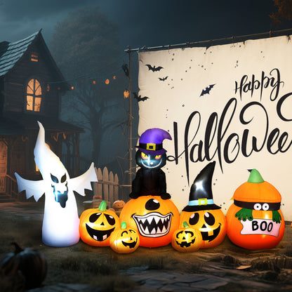 Outsunny 8 FT Halloween Inflatables Pumpkin Ghost and Cat Combo, Outdoor Halloween Decorations with 9 Built-in LEDs, Self-Inflating Blow Up Decor for Garden Party