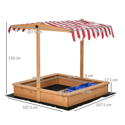 Outsunny Sand Pit Kids Wooden Sandbox with Cover Children Sandpit Play Station Height Adjustable with Canopy, Bottom Liner, Plastic Basins for Outdoor Aged 3-7 Years 