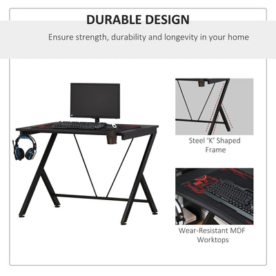 HOMCOM Gaming Desk 108 x 66 cm PC Computer Desk with Whole Board, A Shaped Gaming Table for Home Office with Cup Holder and Headphone Hook, Black 