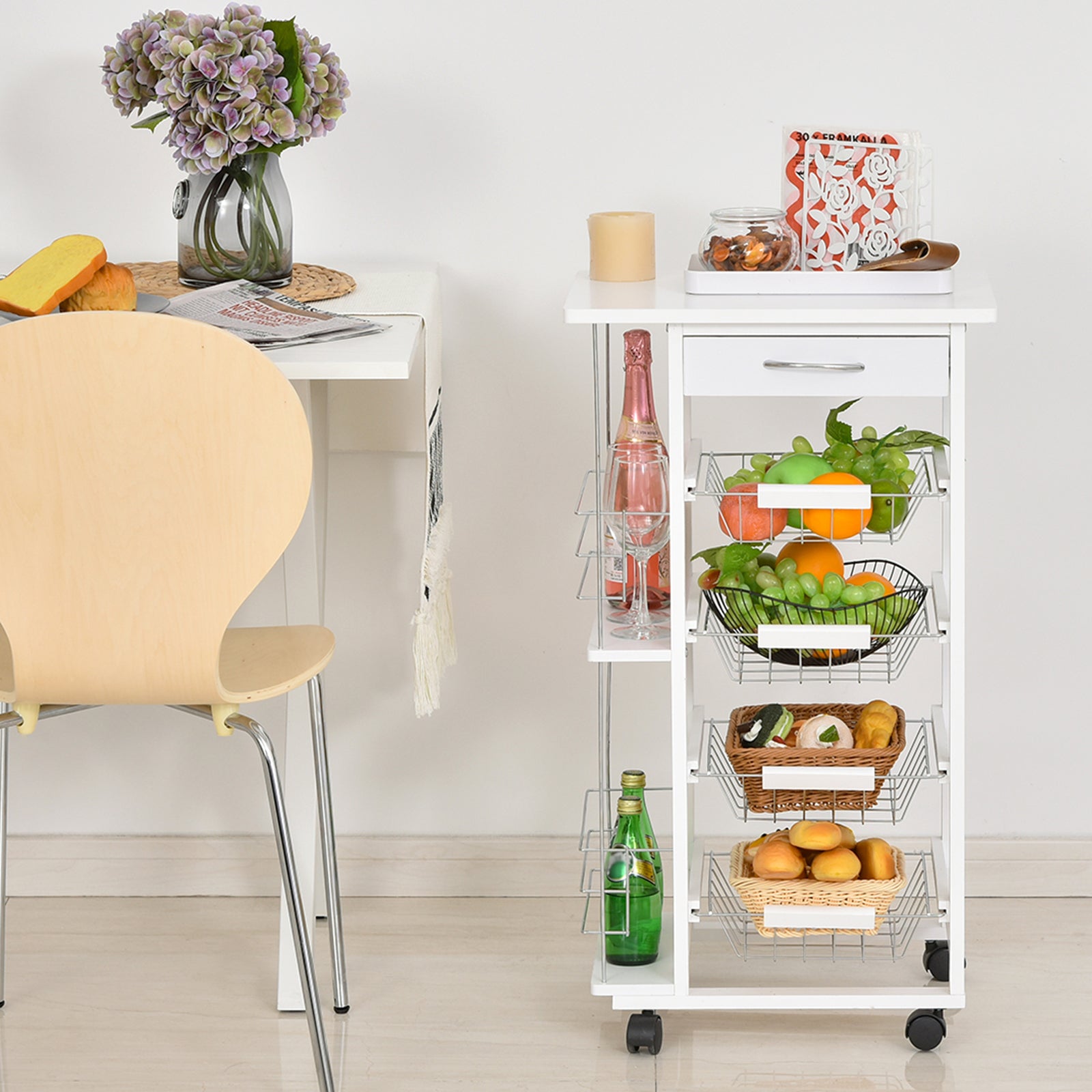 HOMCOM Rolling Kitchen Cart, Utility Storage Cart with 4 Basket Drawers & Side Racks, Wheels for Dining Room, White 