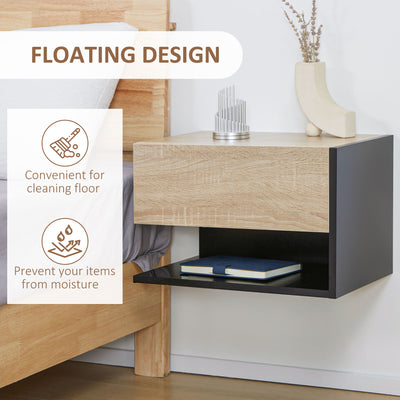 HOMCOM Floating Bedside Table Set of 2, Wall Mounted Bedside Cabinet with Drawer and Open Shelf, Modern Nightstand for Bedroom, 46 x 30 x 30 cm, Oak Tone 