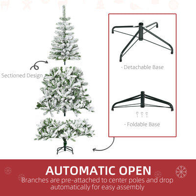 HOMCOM 6 Ft Snow Flocked Artificial Christmas Tree Xmas Pine Tree with Realistic Branches, Auto Open and Steel Base, Green 
