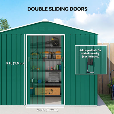 Outsunny 8 x 6ft Galvanised Steel Shed, with Double Door - Green 