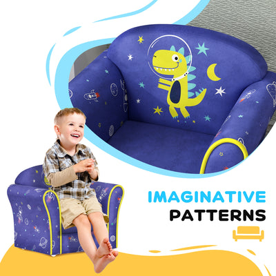 AIYAPLAY Kids Armchair with Planet Dinosaurs Design, Wooden Frame, for Bedroom, Playroom, Kids Room - Blue 