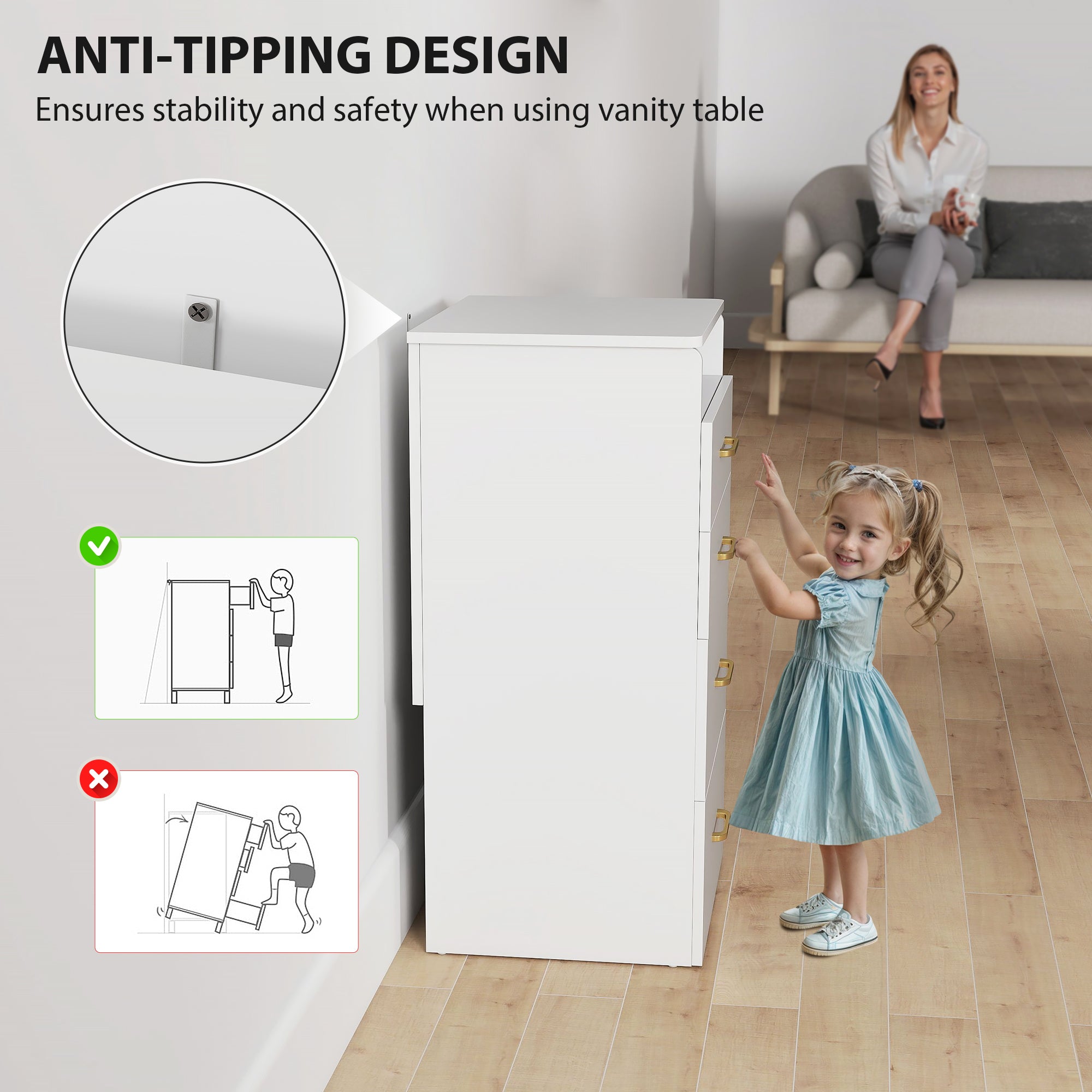 HOMCOM 3 in 1 Dressing Table with Flip-top Mirror and Rolling Stool, Modern Vanity Desk with Visible Glass Tabletop, Drawers and Side Hook, Makeup Table with Cushioned Storage Stool for Bedroom, White