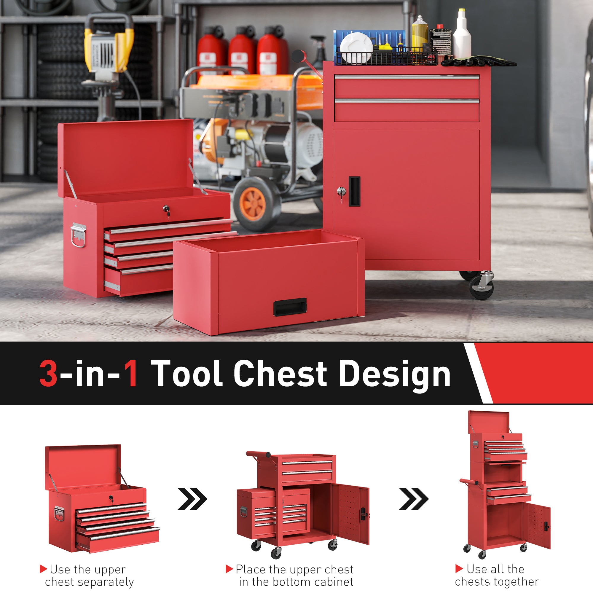 HOMCOM Three-Part Steel Locking Tool Chest - Red 