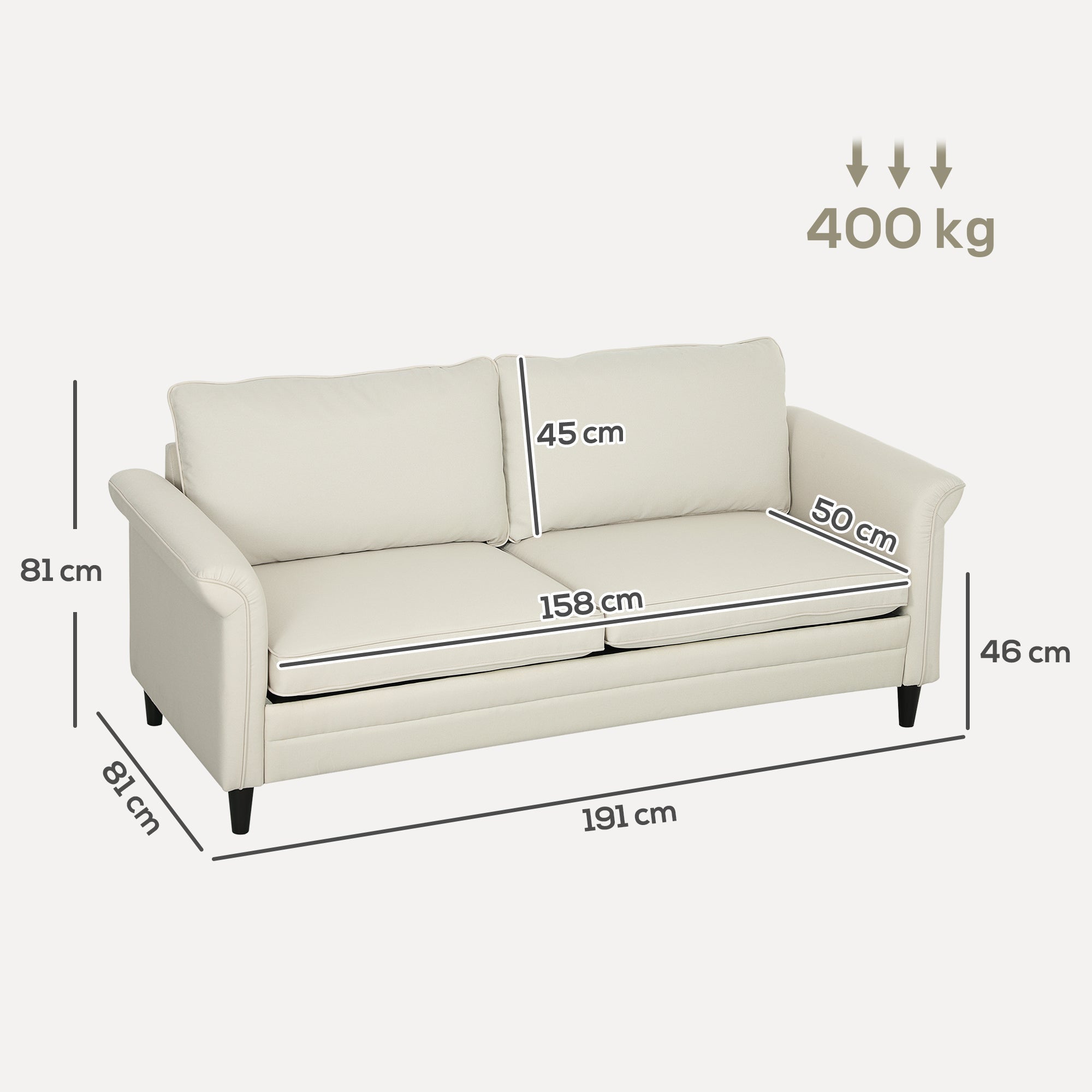 HOMCOM 3 Seater Sofa, Modern Fabric Sofa Couch with Spring Cushion, Rubber Wood Legs, 191cm Upholstered Settee for Living Room, Bedroom, Home Office, Guest Room, Cream White 