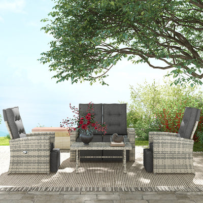 Outsunny 4 Piece Rattan Garden Furniture Set Outdoor Sofa Sectional Set with Glass Top Table for Poolside, Light Grey 