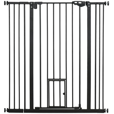 PawHut Extra Tall Pet Gate, Indoor Dog Safety Gate, with Cat Flap, Auto Close, 74-101cm Wide - Black 