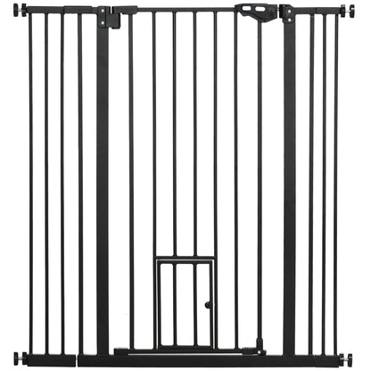 PawHut Extra Tall Pet Gate, Indoor Dog Safety Gate, with Cat Flap, Auto Close, 74-101cm Wide - Black 