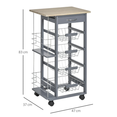 HOMCOM Rolling Kitchen Cart, Utility Storage Cart with 4 Basket Drawers & Side Racks, Wheels for Dining Room, Grey 
