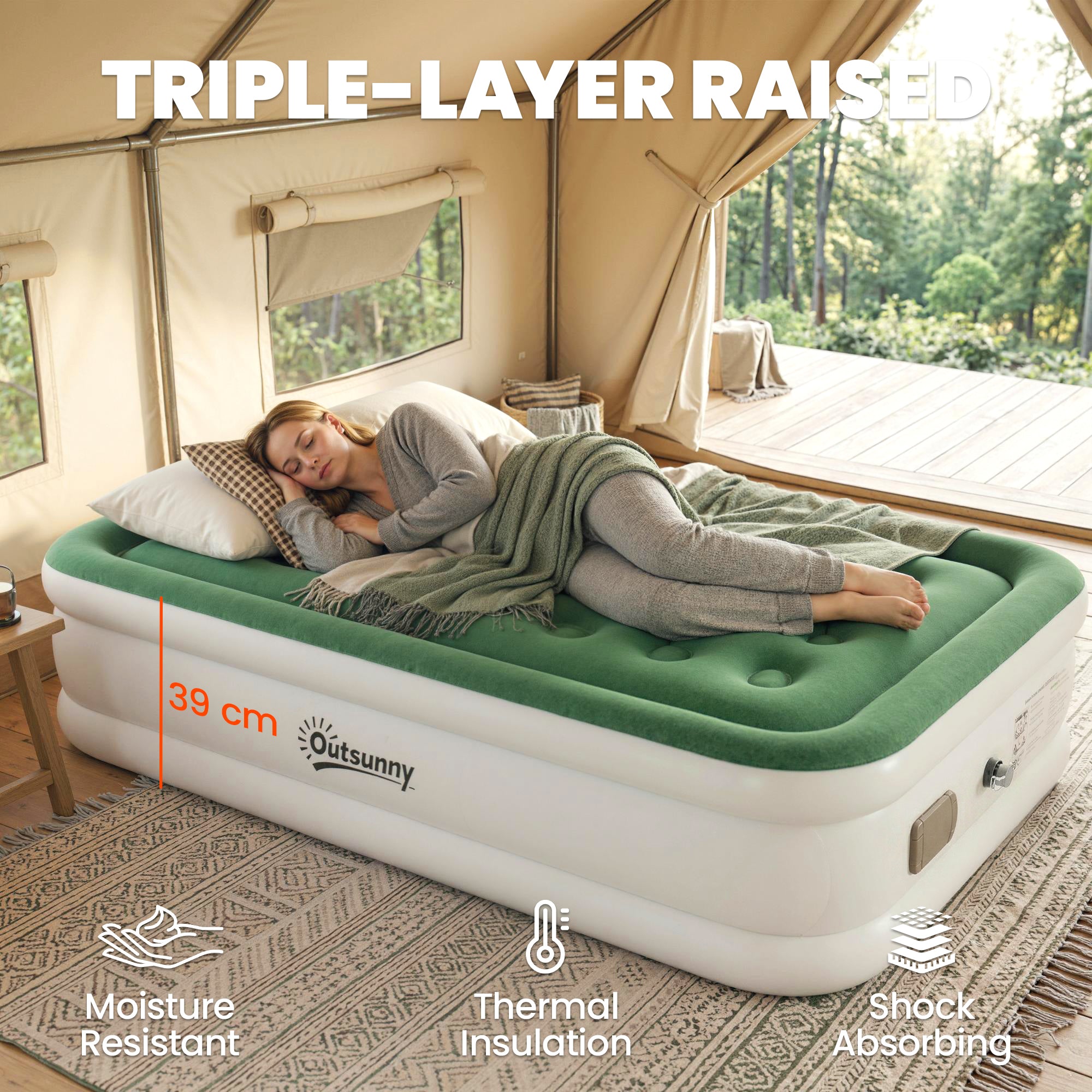 Outsunny Inflatable Mattress, Single Air Bed with Built-in Electric Pump, 3 Mins Inflation, Flocked Surface, Dark Green 