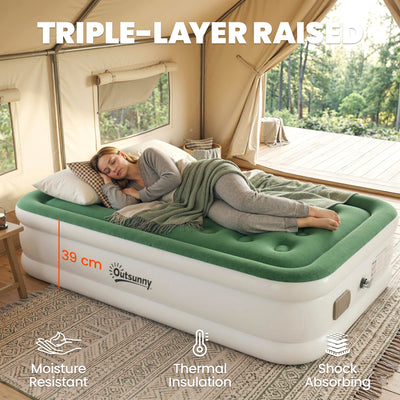 Outsunny Inflatable Mattress, Single Air Bed with Built-in Electric Pump, 3 Mins Inflation, Flocked Surface, Dark Green 