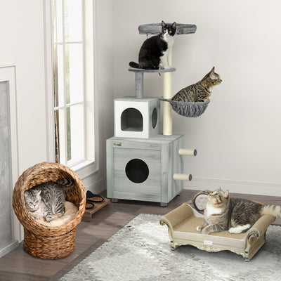 PawHut Wicker Cat Bed, Raised Rattan Cat Basket with Cylindrical Base, Soft Washable Cushion, 42 x 33 x 52cm - Brown 