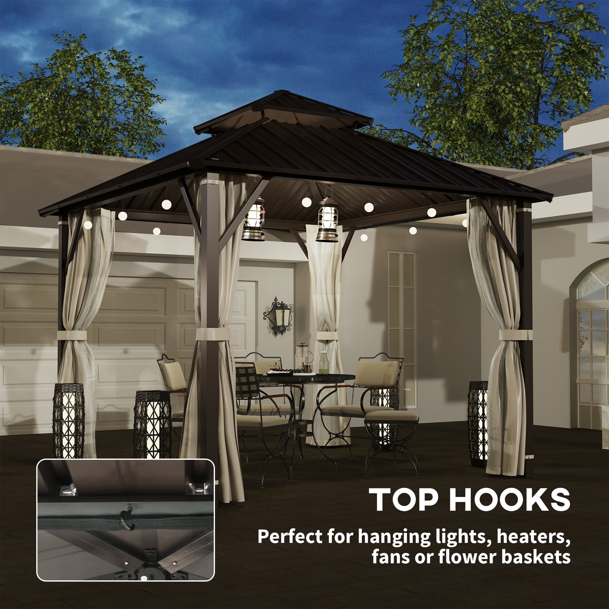 Outsunny 3 x 3(m) Hardtop Gazebo Canopy with Double Metal Roof, Waterproof Permanent Pavilion Garden Gazebo with Netting and Curtains, Easy to Assemble 