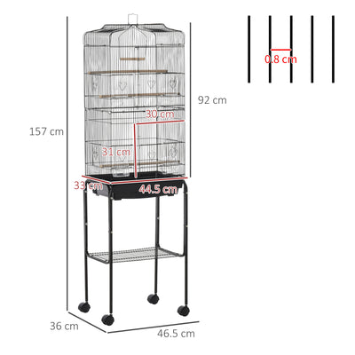 PawHut Bird Cage Budgie Cages for Finch Canary Parakeet with Stand Wheels Slide-out Tray Accessories Storage Shelf, Black 46.5 x 36 x 157 cm 