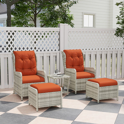 Outsunny 5 Pieces Rattan Bistro Set with Adjustable Back, Reclining Wicker Balcony Furniture with Cushions, Glass Top Coffee Table and Footstools, Outdoor Table and Chairs, Orange 