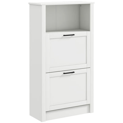 HOMCOM Modern Shoe Cabinet with 2 Flip Drawers and Adjustable Shelves, Narrow Shoe Storage Cabinet with Open Compartment, Holds 10 Pairs for Entryway, Hallway, White 