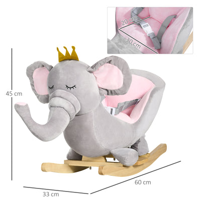 HOMCOM Kids Elephant-Designed Rocking Horse, with Safety Belt, Wooden Base, for Ages 18-36 Months - Grey 