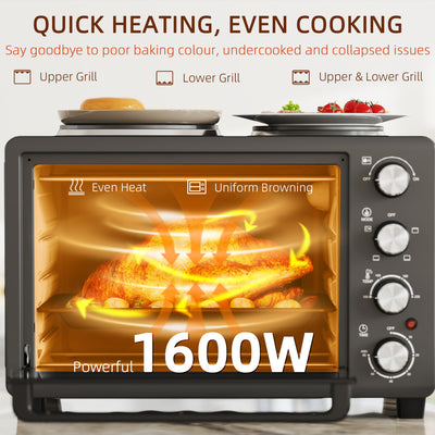 HOMCOM 28L Mini Oven with 2 Hot Plates, Countertop Toaster Oven, Grill, Roast, Bake, Boil, with Timer, Adjustable Temperature, Electric Oven with Baking Tray, Grill Rack, Crumb Tray, 2600W, Black 