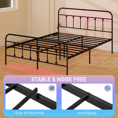 HOMCOM King Bed Frame with LED Lights and Charging Station, Metal Platform Bed Frame with Under Bed Storage, Black 