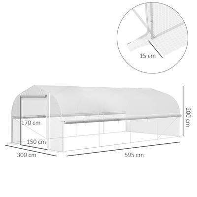 Outsunny 6 x 3 x 2m Walk-in Polytunnel Greenhouse, Zipped Roll Up Sidewalls, Mesh Door, 8 Mesh Windows, Tunnel Warm House Tent with PE Cover, Complimentary Plant Labels and Gloves, White 