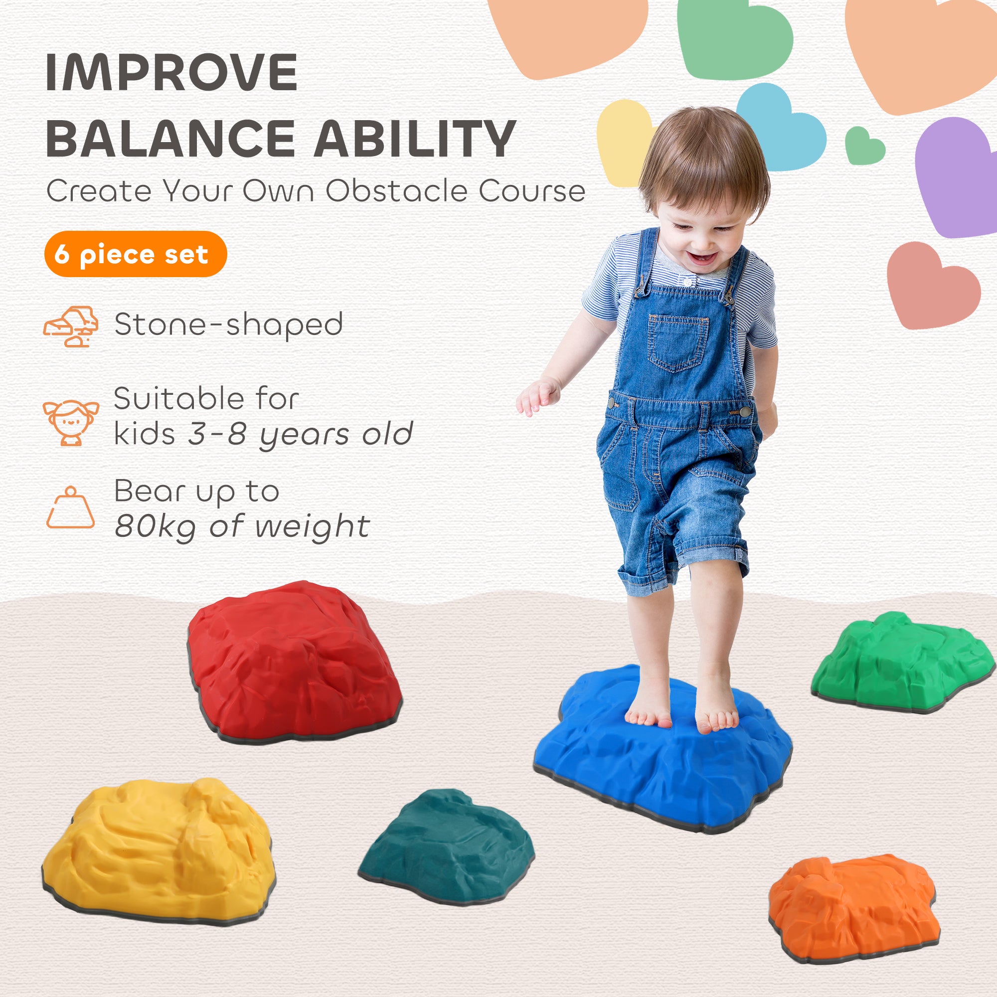 AIYAPLAY Balance Stepping Stones for Kids with Non-slip Bottom, Indoor Outdoor Obstacle Course for Ages 3-8 Years, Multicoloured 