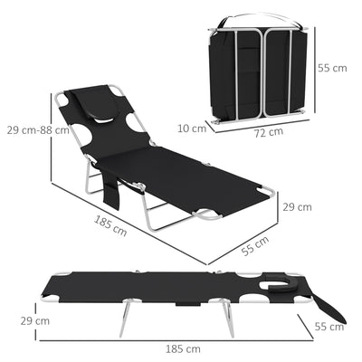 Outsunny Foldable Sun Lounger Set of 2, Beach Chaise Lounges with Reading Hole, Arm Slots, 5-Position Adjustable Backrest, Side Pocket, Pillow for Patio, Garden, Beach, Pool, Black 